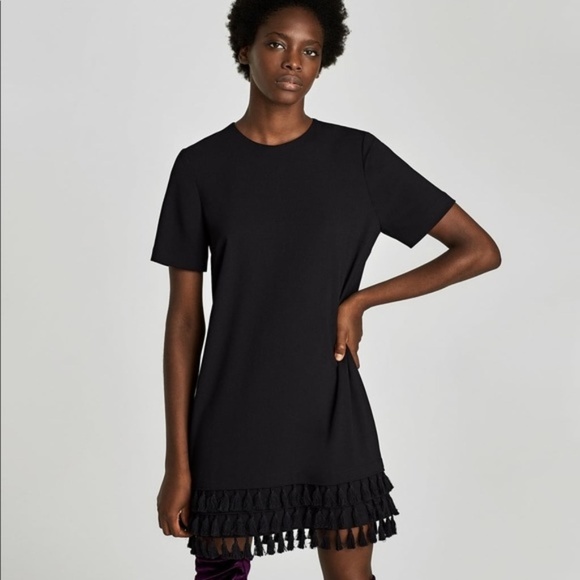 Zara Black Mini Dress with Pom Poms Tassle - Picture 1 of 6